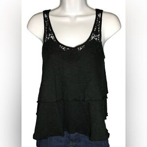 No Boundaries Black Lace Neck Split Open Back Rufffle Tank Top Size Small (3-5)